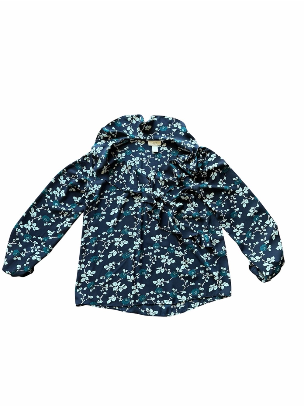 LOFT Navy Floral Top with Teal and Light Mint Blooms